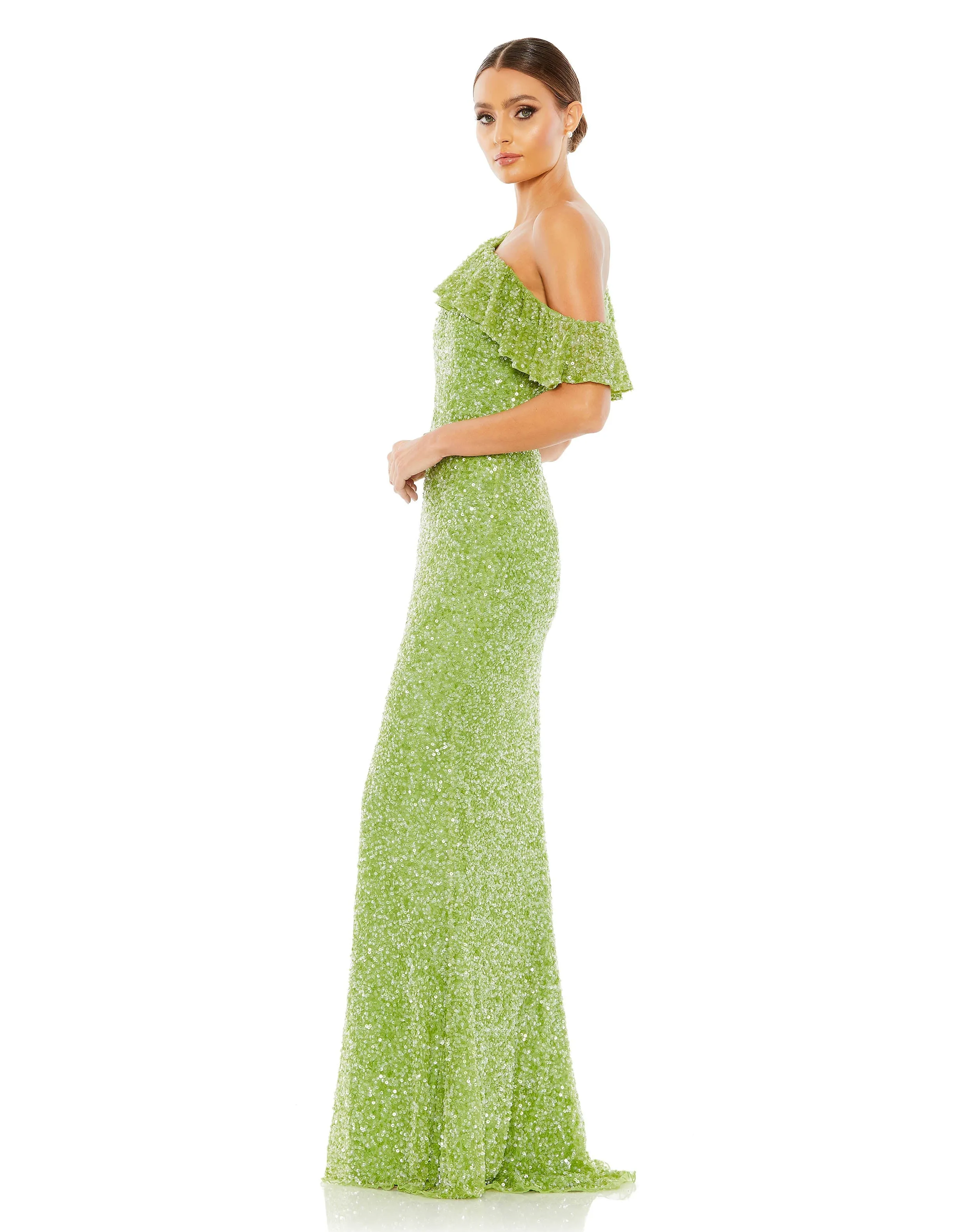 Sequined Drop Shoulder Trumpet Gown