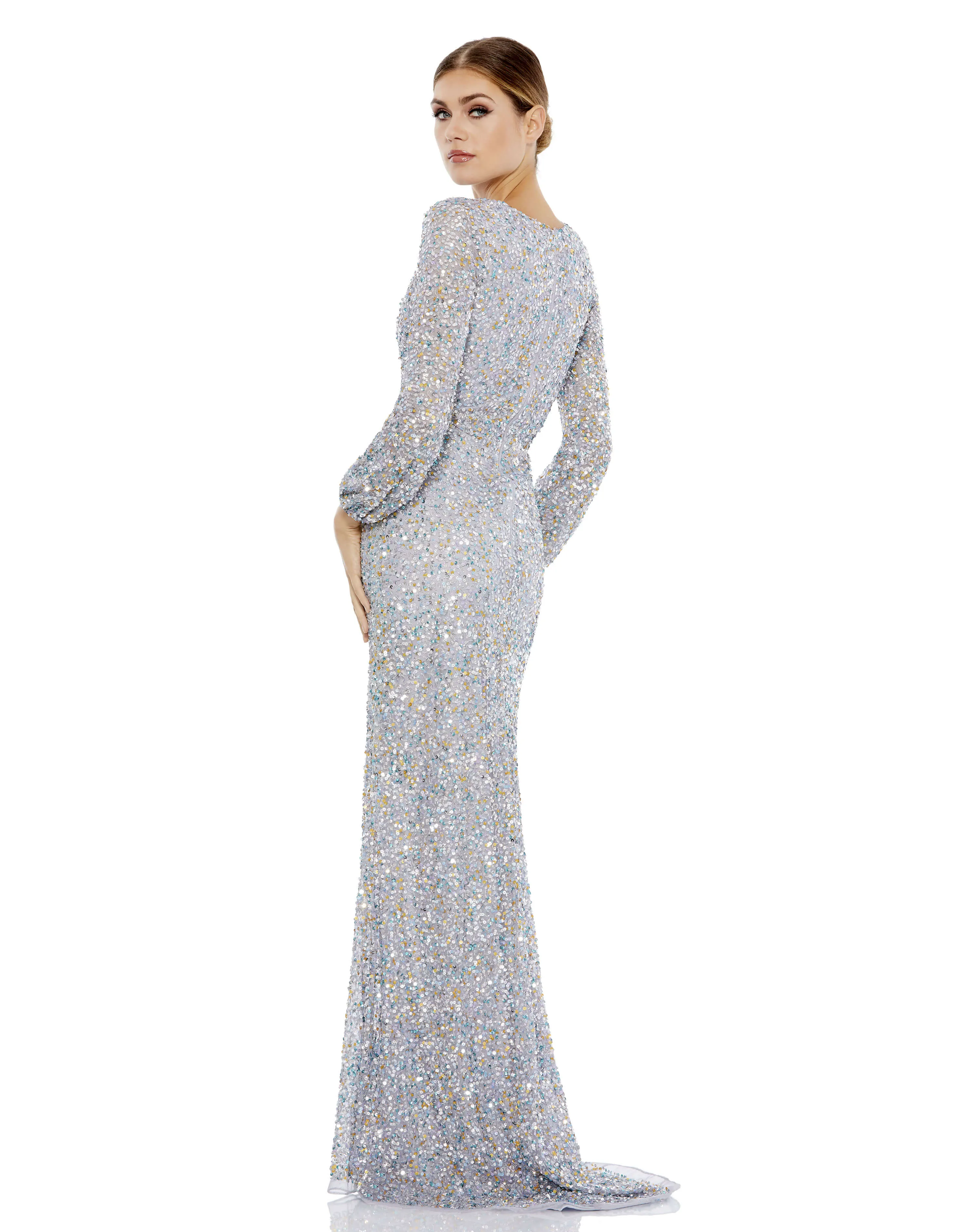 Sequined Faux Wrap Bishop Sleeve Gown