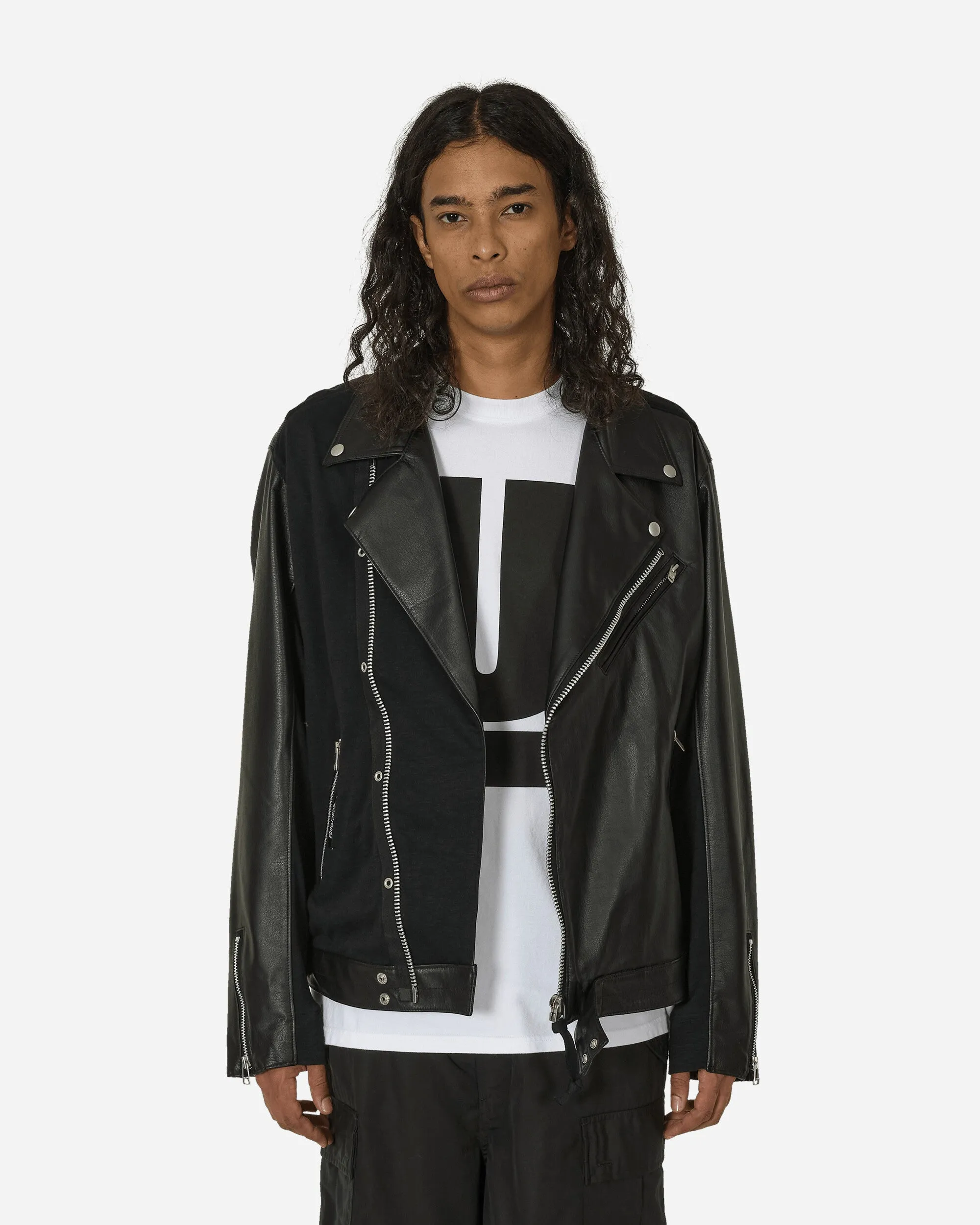 Slubs Plainstitch Rennjacke aus Mischleder Schwarz