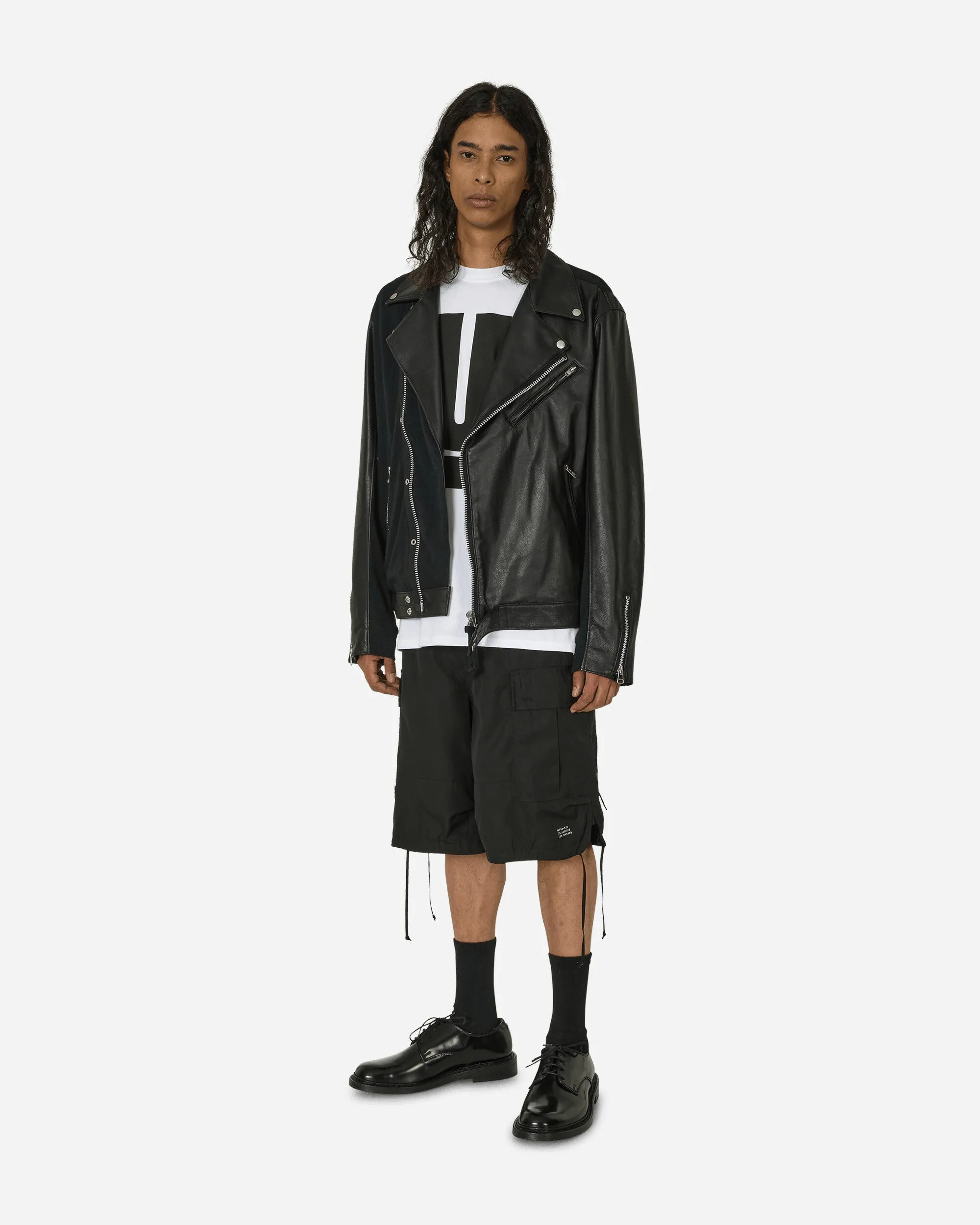 Slubs Plainstitch Rennjacke aus Mischleder Schwarz