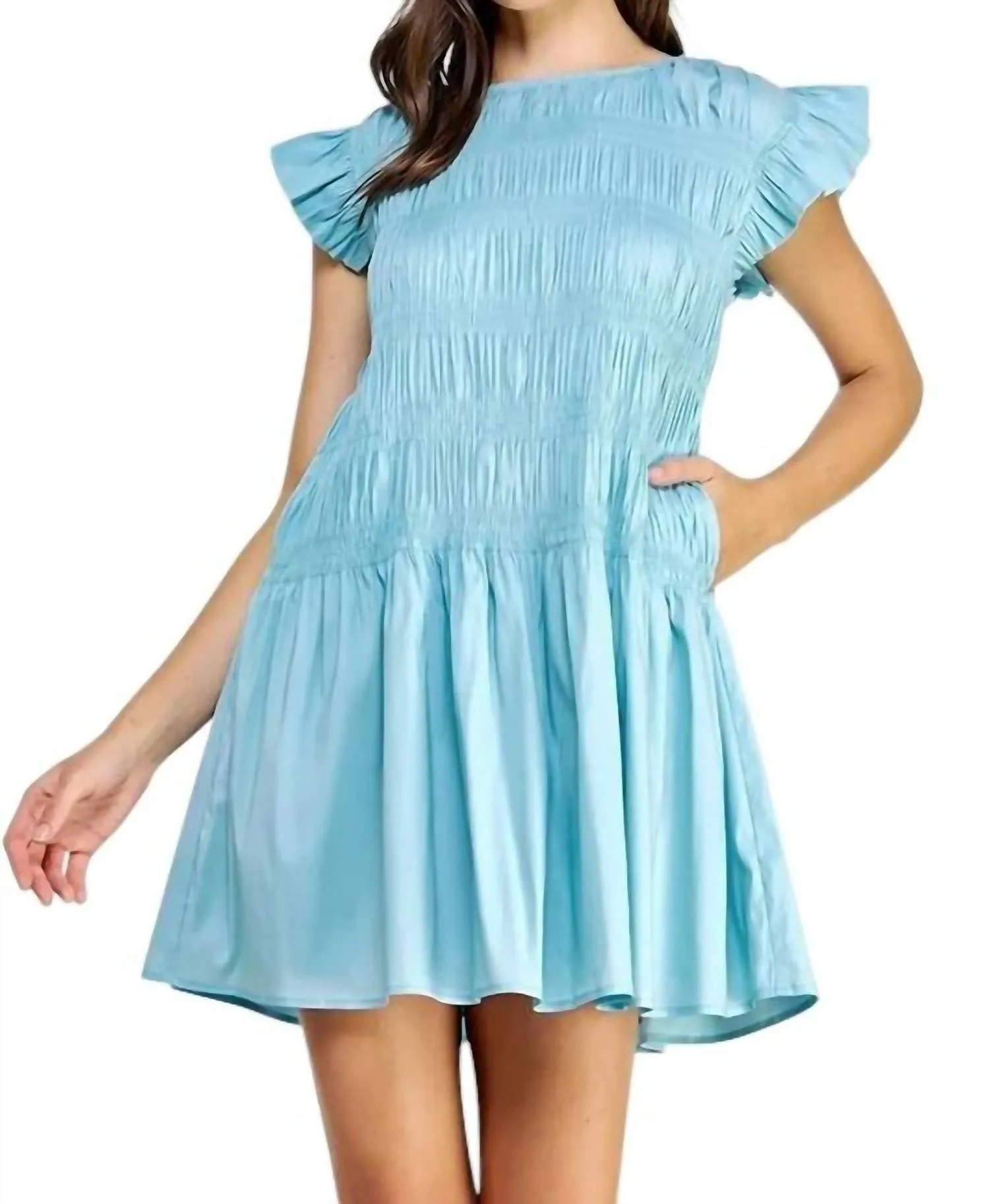 Smocked Bodice Poplin Mini Dress In Sky Blue