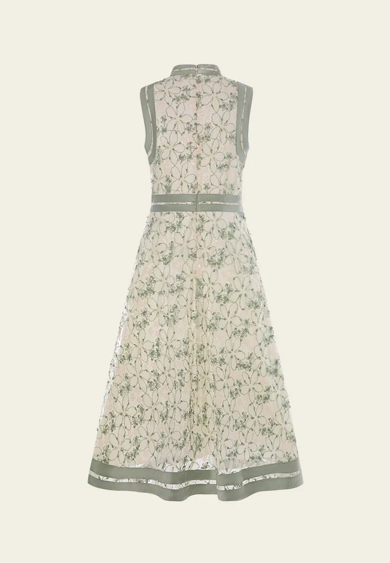 Stand-collar Contrasting-trim Sleeveless Dress