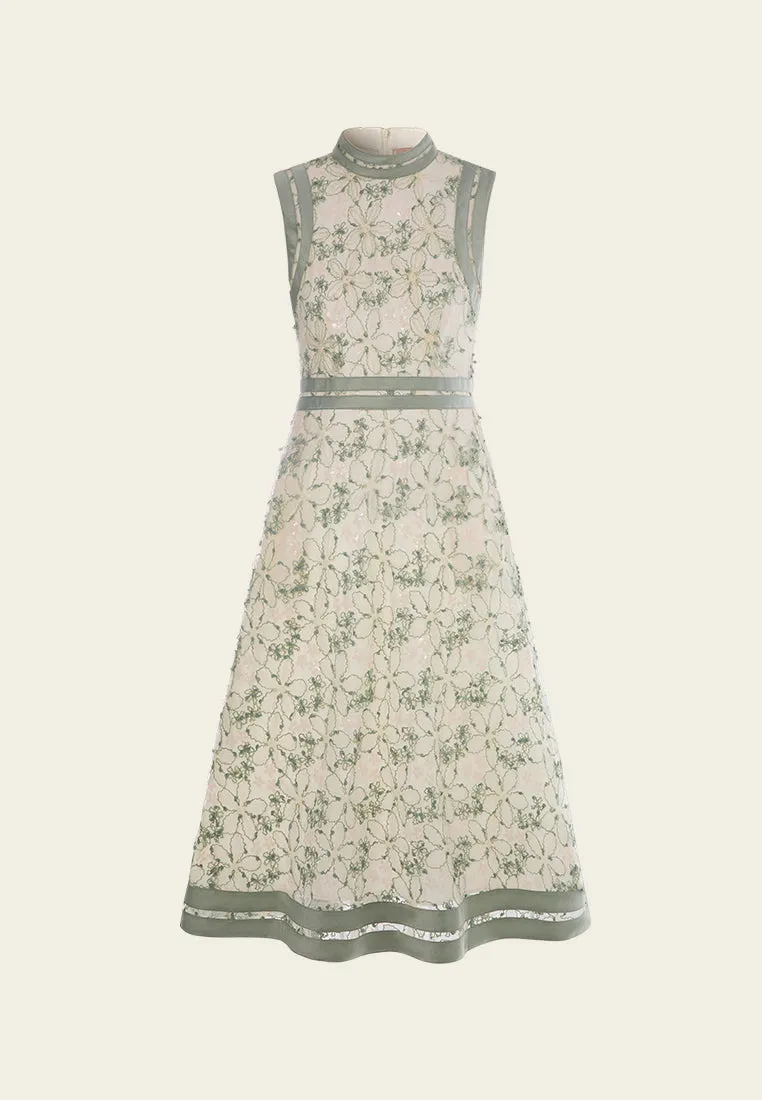 Stand-collar Contrasting-trim Sleeveless Dress