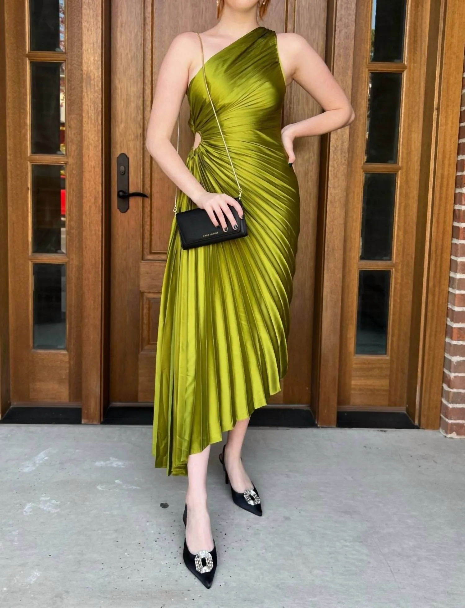 Stella Pleated Midi Dress In Olive Green