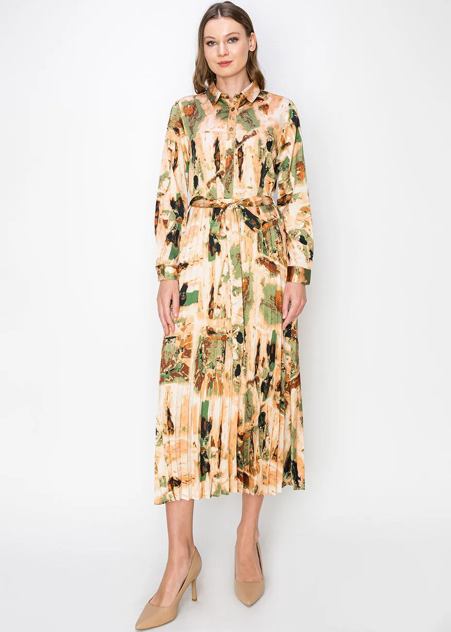 Sunset Abstract Pleated Midi Dress