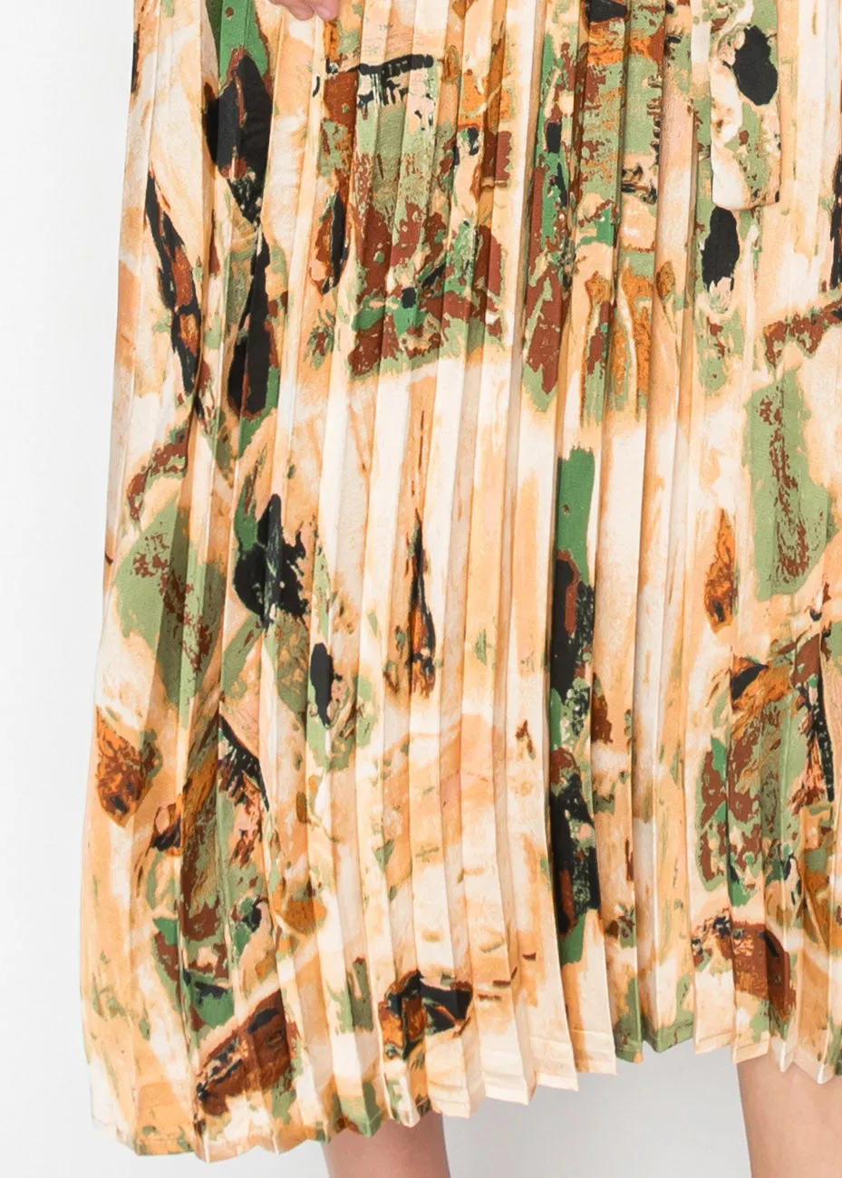 Sunset Abstract Pleated Midi Dress