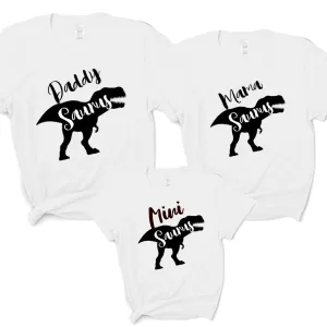 T-Rex Daddy, Mama & Mini Saurus Matching White T-Shirts dad hats promo code