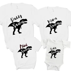 T-Rex Daddy, Mama, Mini & Baby Saurus Matching White T-Shirts/Bodysuit dad hats promo code