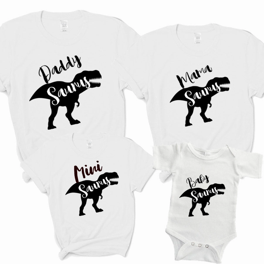 T-Rex Daddy, Mama, Mini & Baby Saurus Matching White T-Shirts/Bodysuit mens dad clothes online