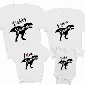 T-Rex Daddy, Mama, Mini & Baby Saurus Matching White T-Shirts/Bodysuit mens dad clothes online