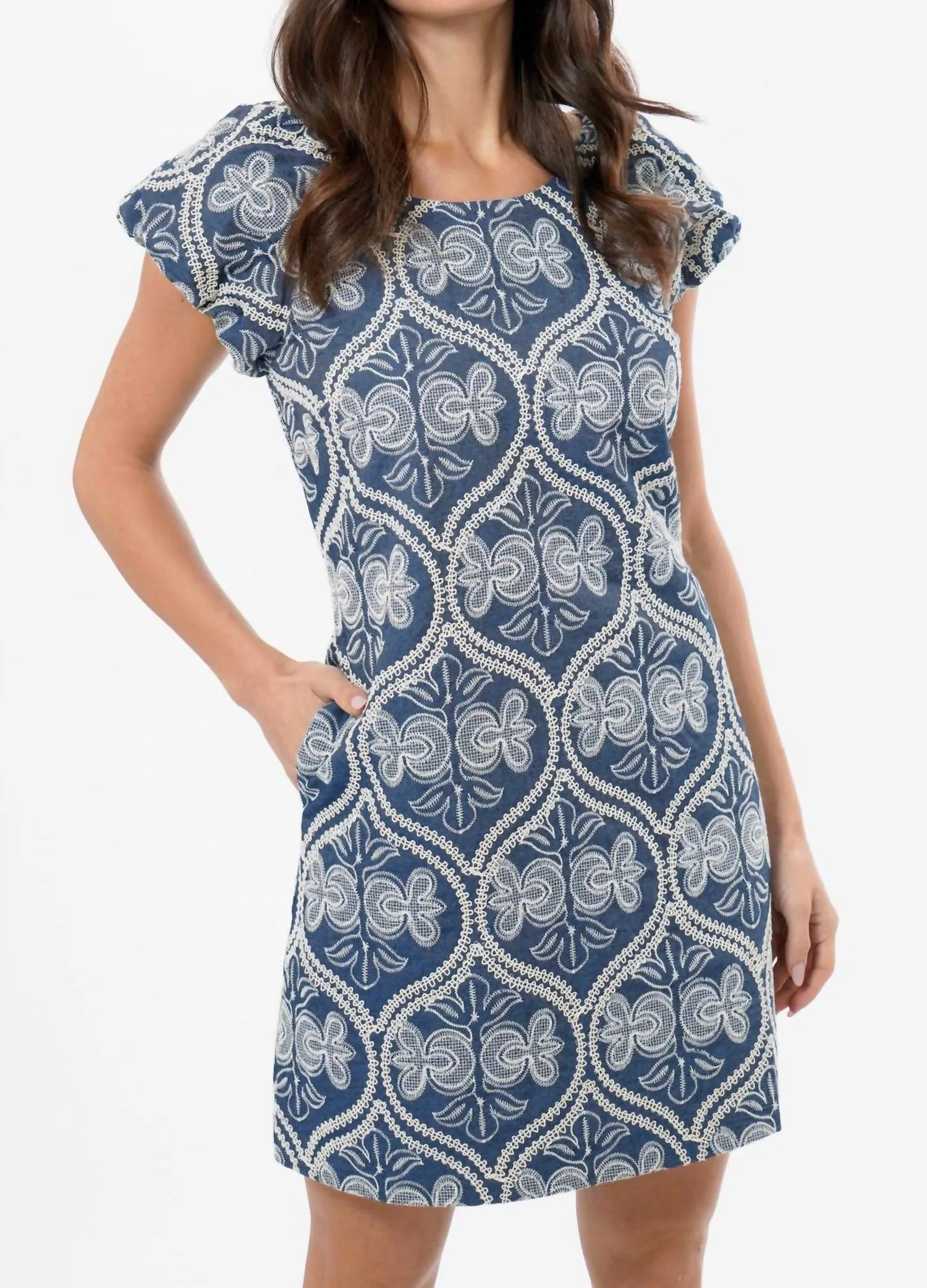 Teagan Embroidered Shift Mini Dress In Blue