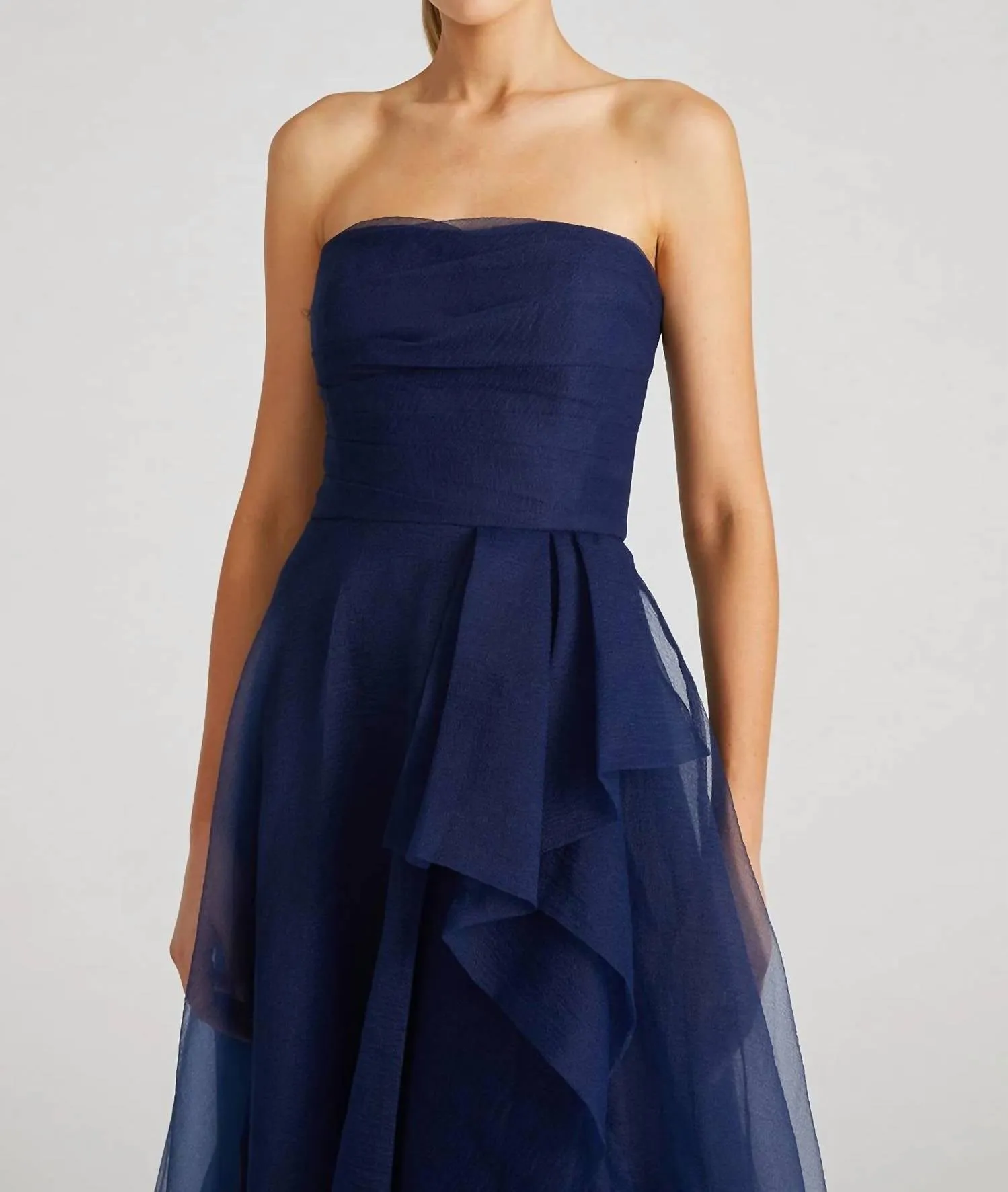 Teresa Strapless Draped Gown In Navy