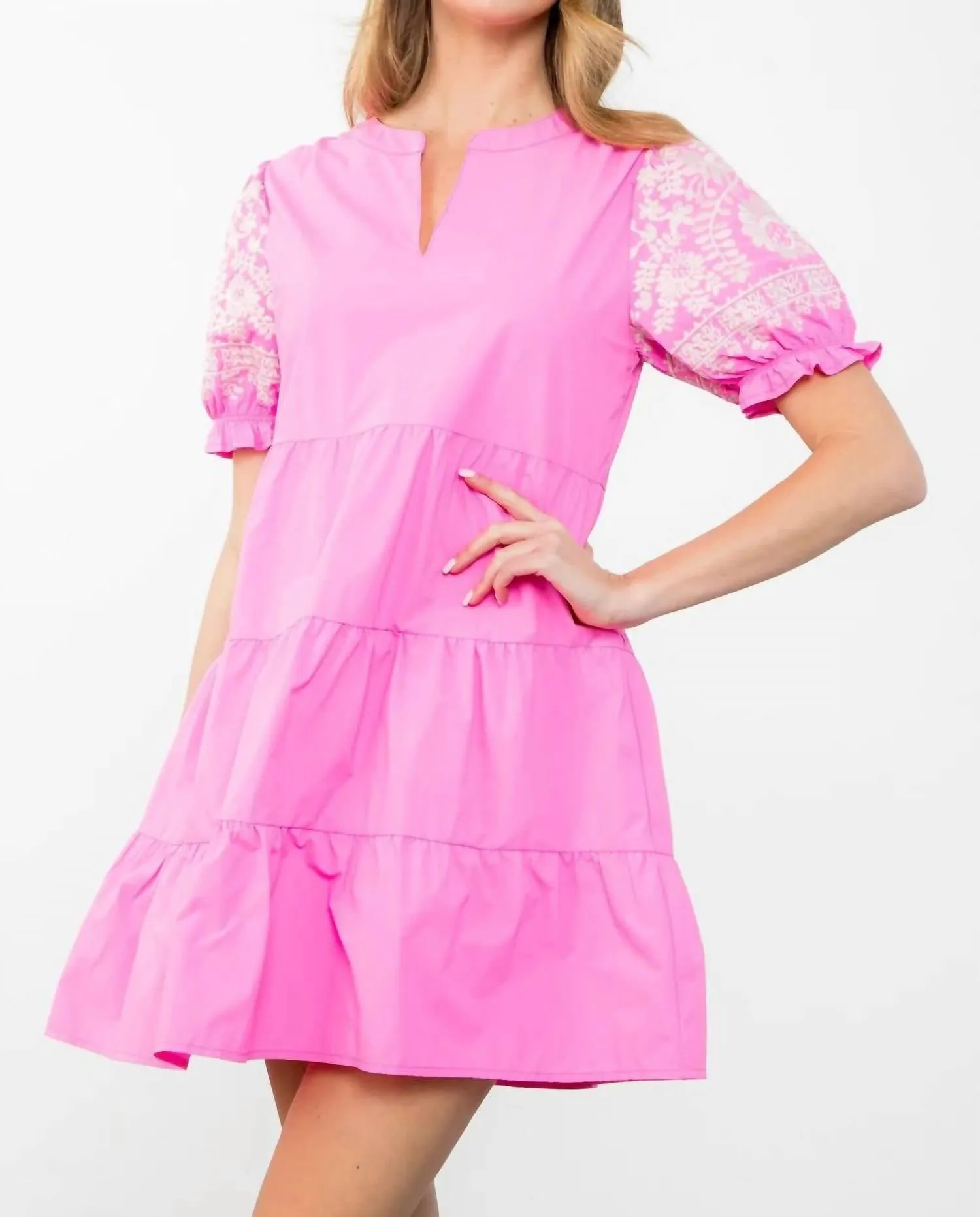Tiered Embroidered Sleeve Dress In Pink