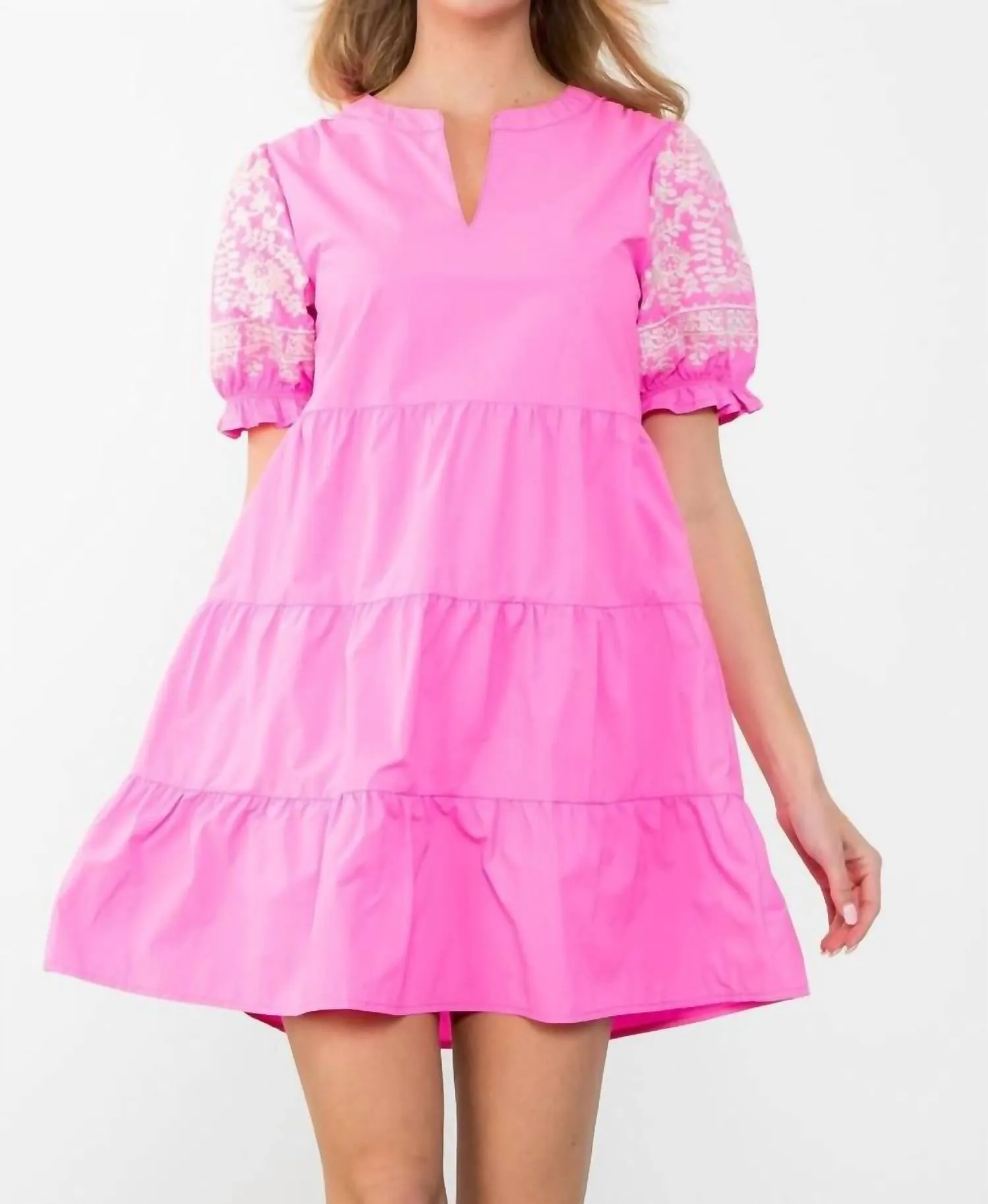 Tiered Embroidered Sleeve Dress In Pink