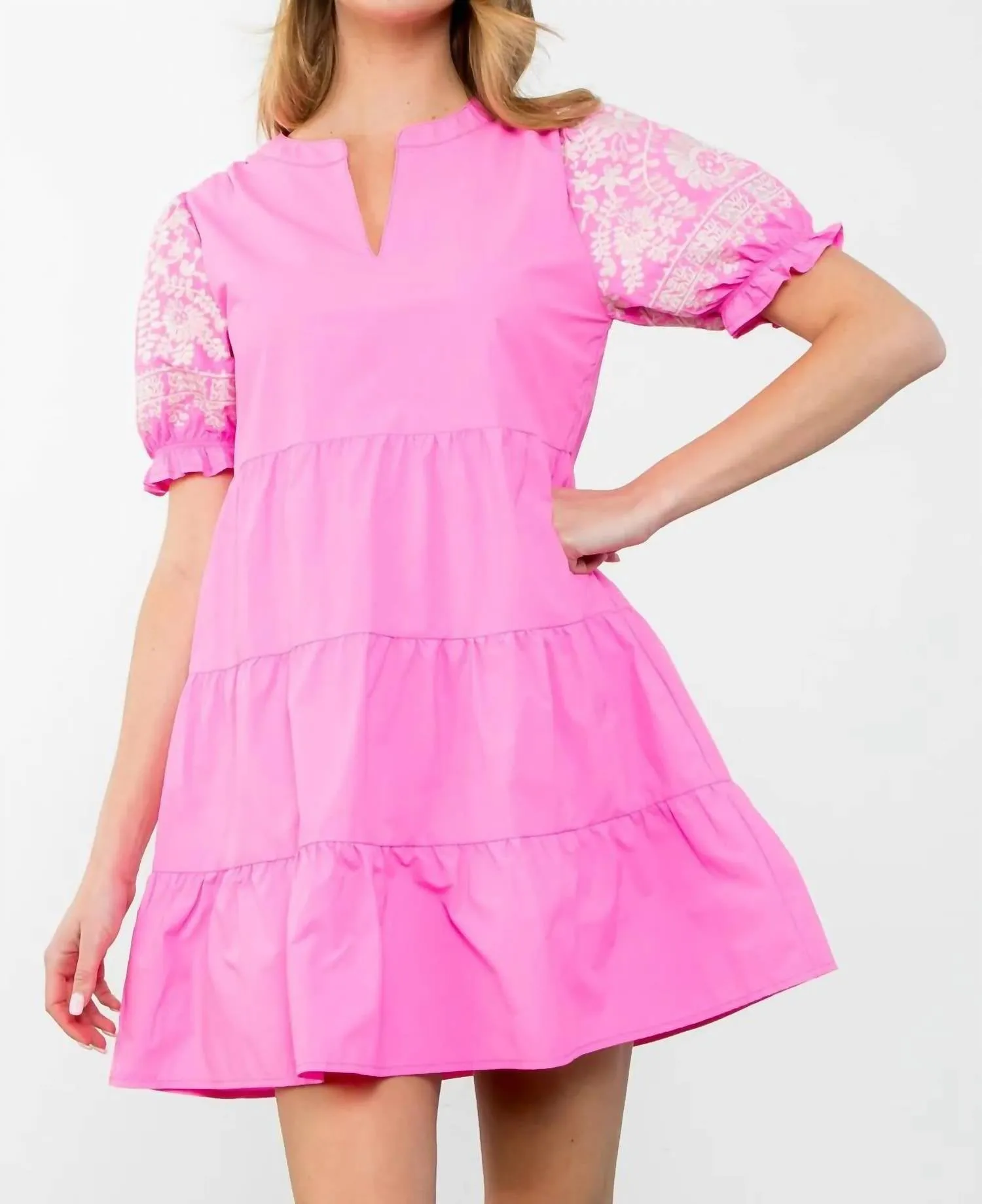 Tiered Embroidered Sleeve Dress In Pink