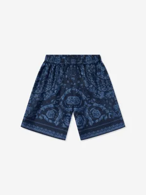 Versace Boys Seiden Barocco Shorts in Marineblau