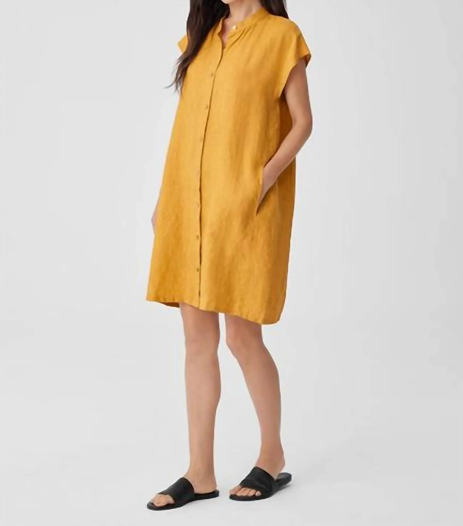 Washed Organic Linen Delave Shirtdress In Marigold