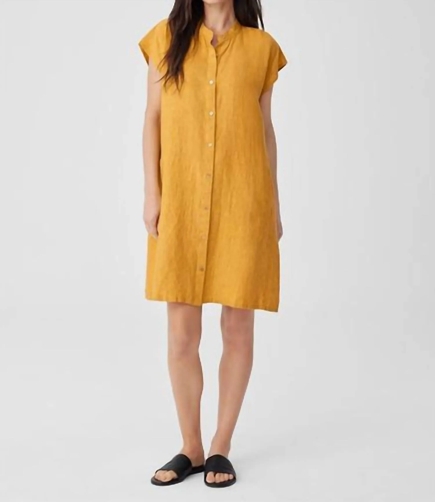 Washed Organic Linen Delave Shirtdress In Marigold
