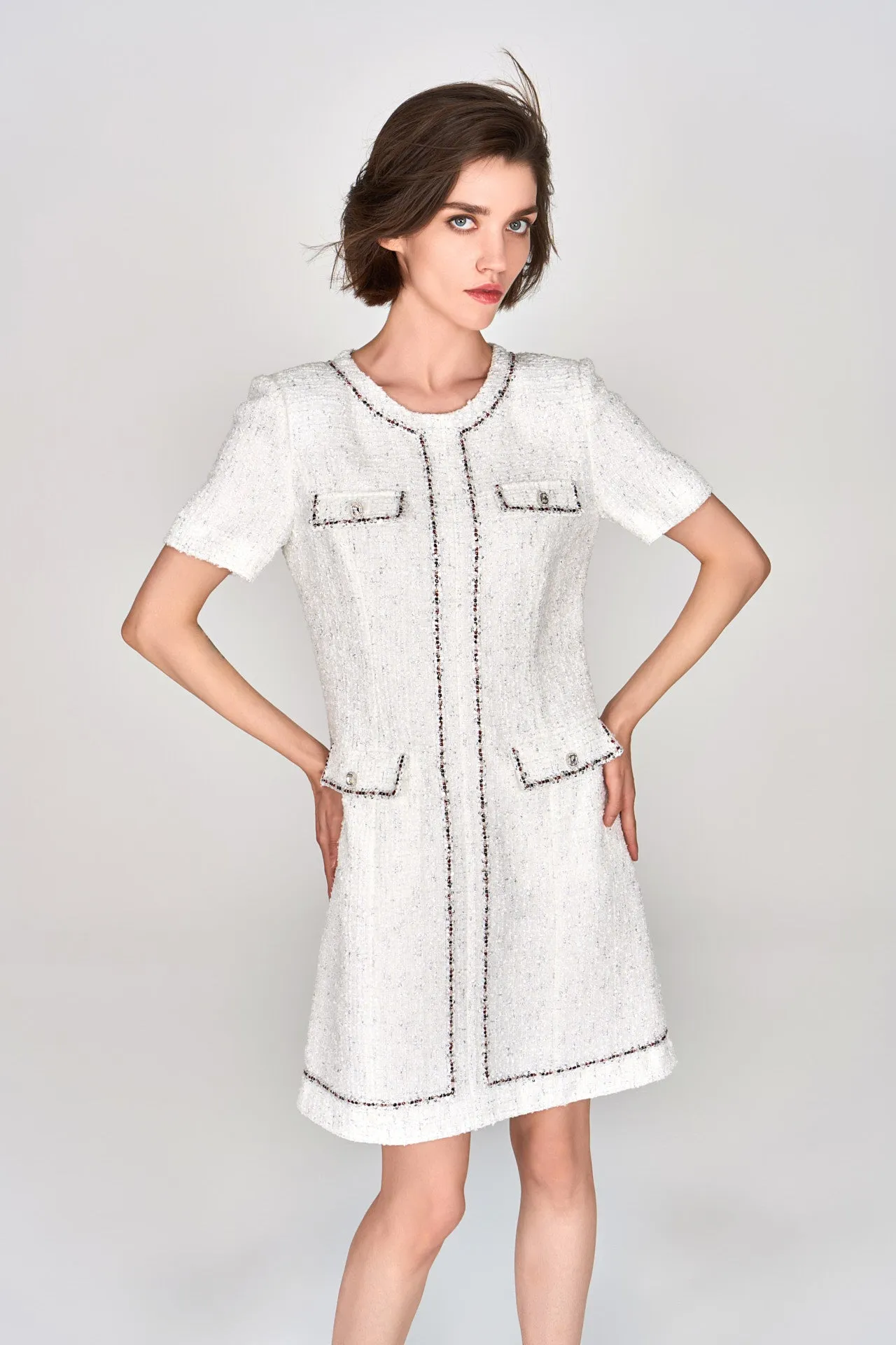 White Lurex Lightweight Tweed Dress