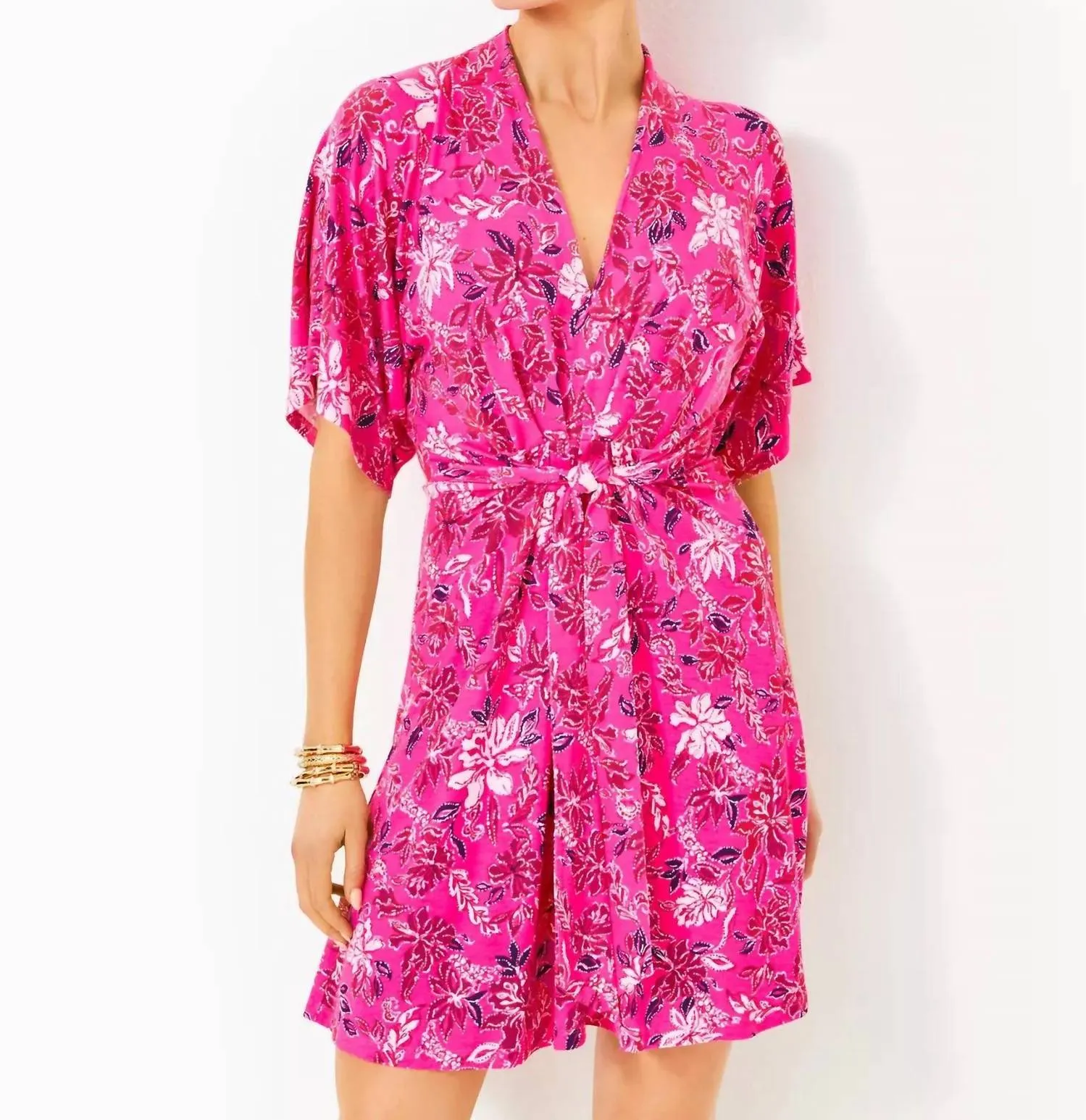 Wisteria Elbow Sleeve V-Neck Dress In Passion Fruit Pink Giraffic Park