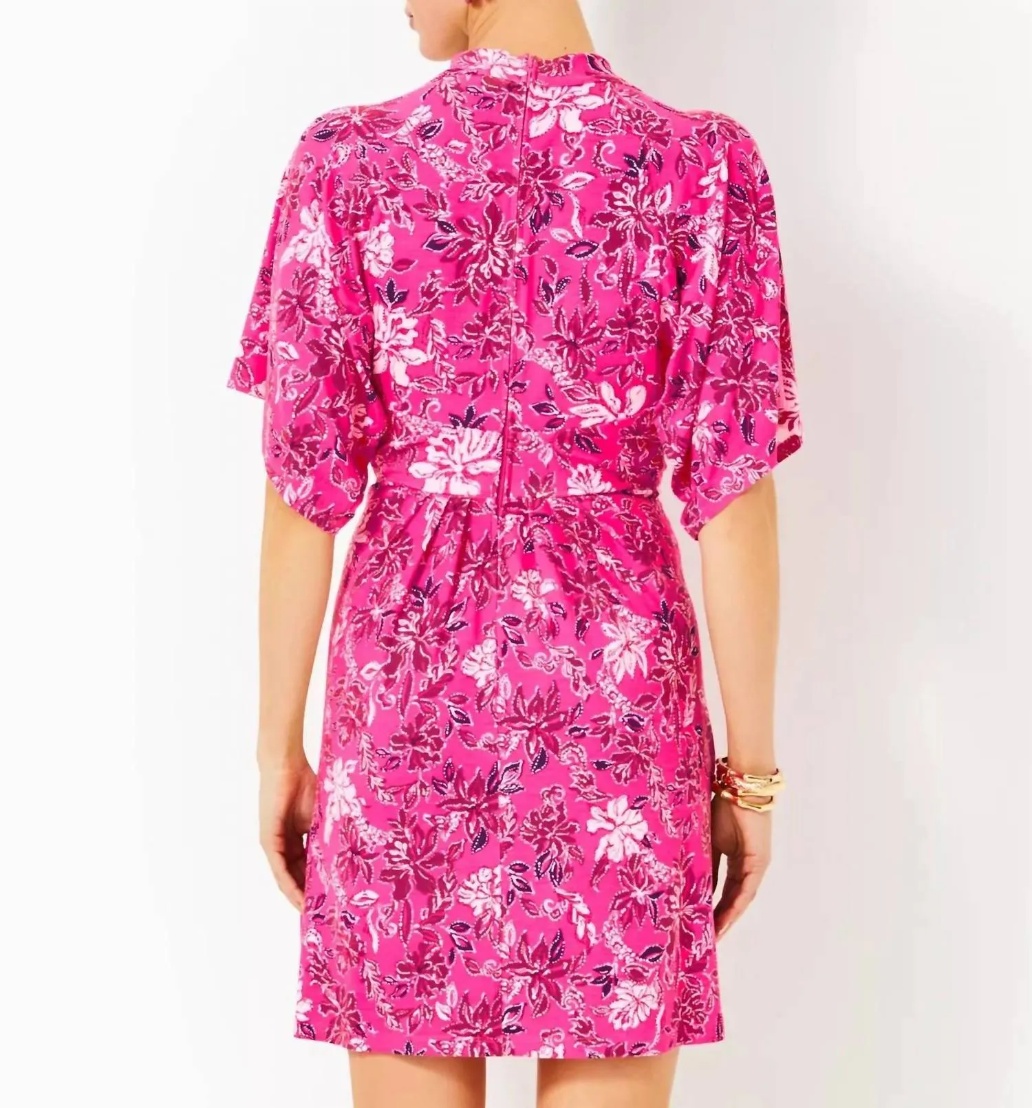 Wisteria Elbow Sleeve V-Neck Dress In Passion Fruit Pink Giraffic Park