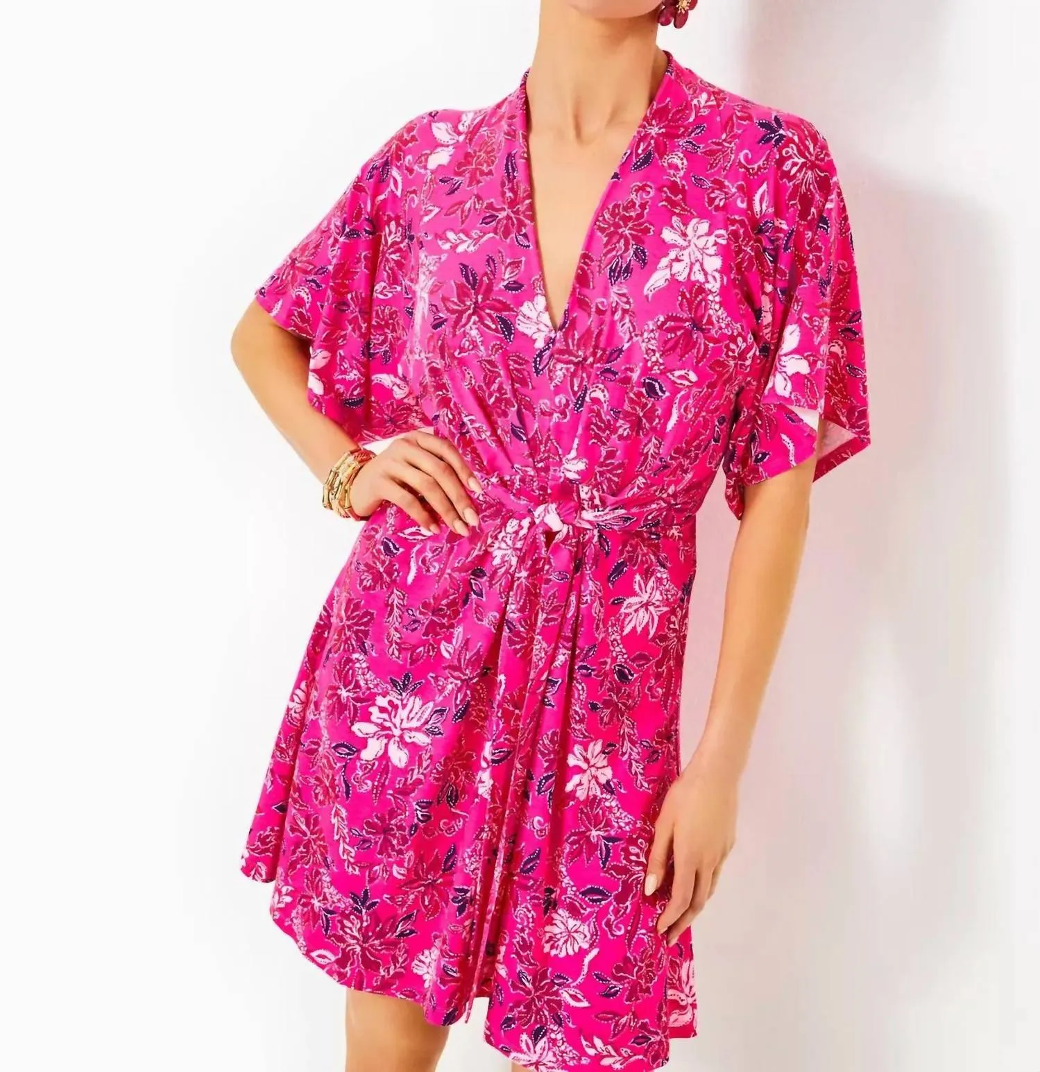 Wisteria Elbow Sleeve V-Neck Dress In Passion Fruit Pink Giraffic Park