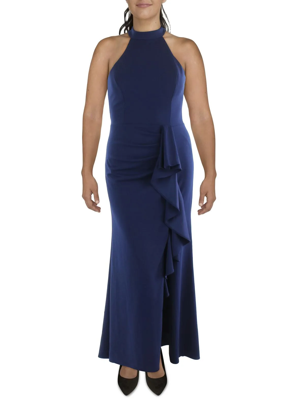 Womens Cascade Ruffle Halter Evening Dress
