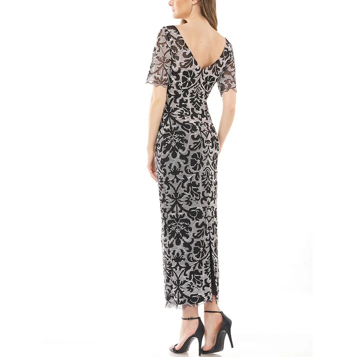 Womens Embroidered Elbow Sleeves Evening Dress