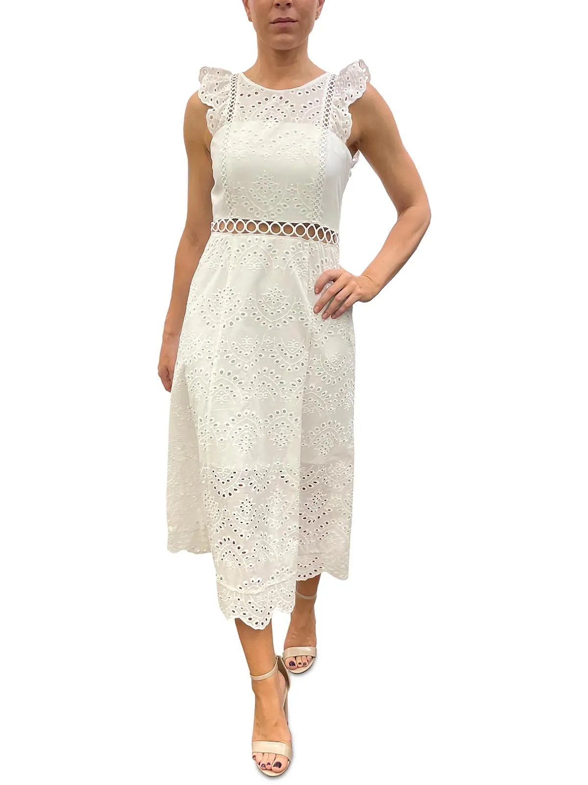 Womens Eyelet Cotton Midi Dress