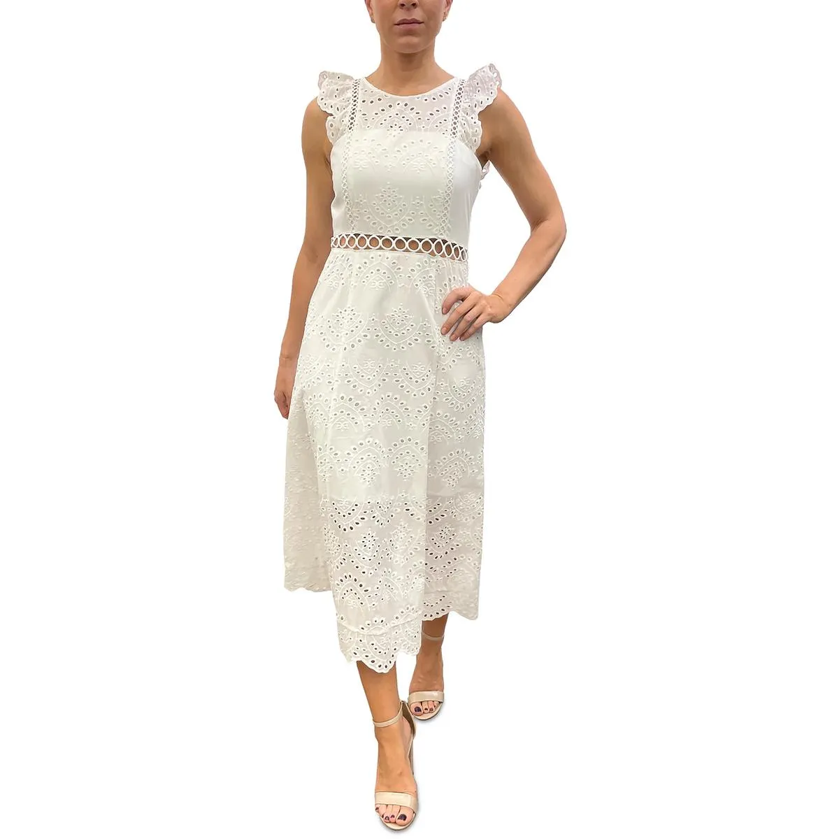 Womens Eyelet Cotton Midi Dress