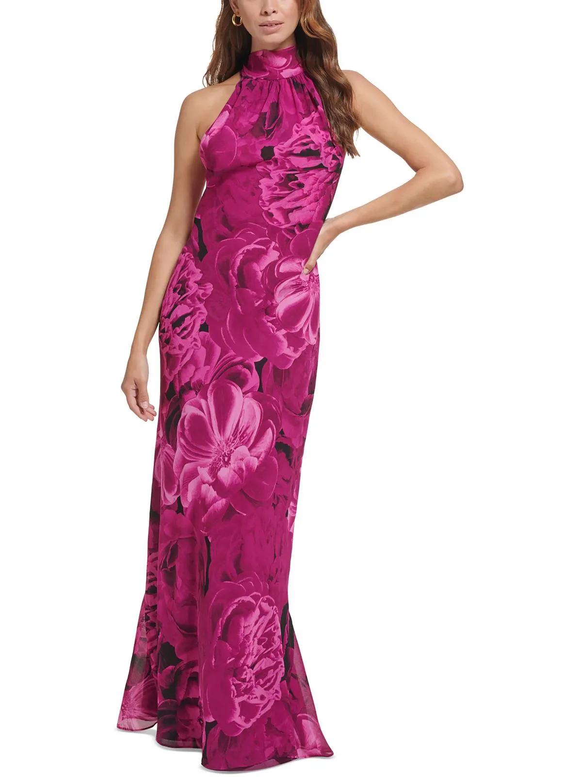Womens Floral Back Neck Tie Halter Dress