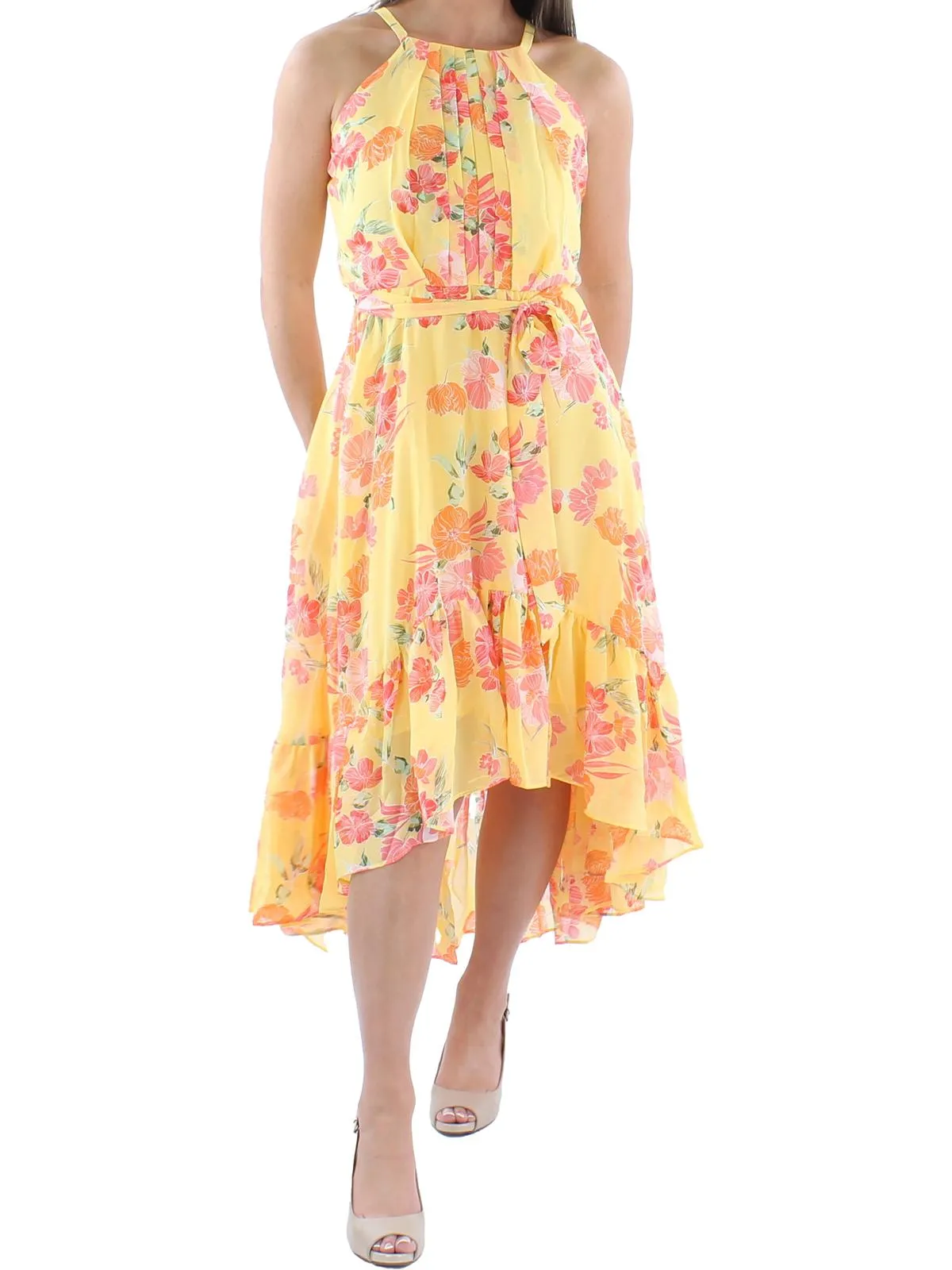 Womens Floral Print Pleated Halter Dress