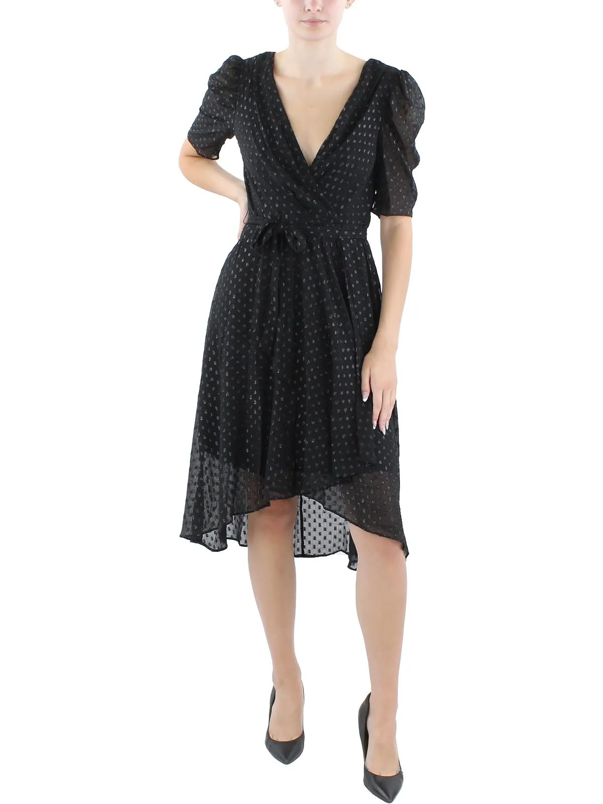 Womens Glitter Puff Sleeve Midi Dress