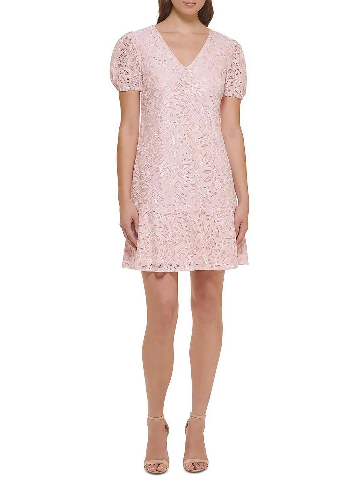 Womens Lace Puff Sleeves Shift Dress
