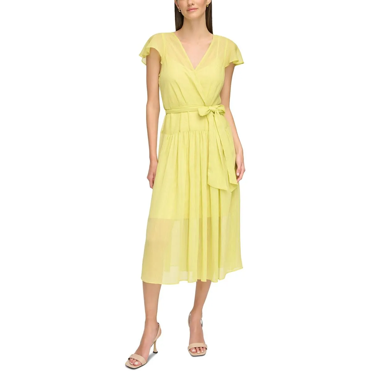 Womens Metallic Chiffon Wrap Dress