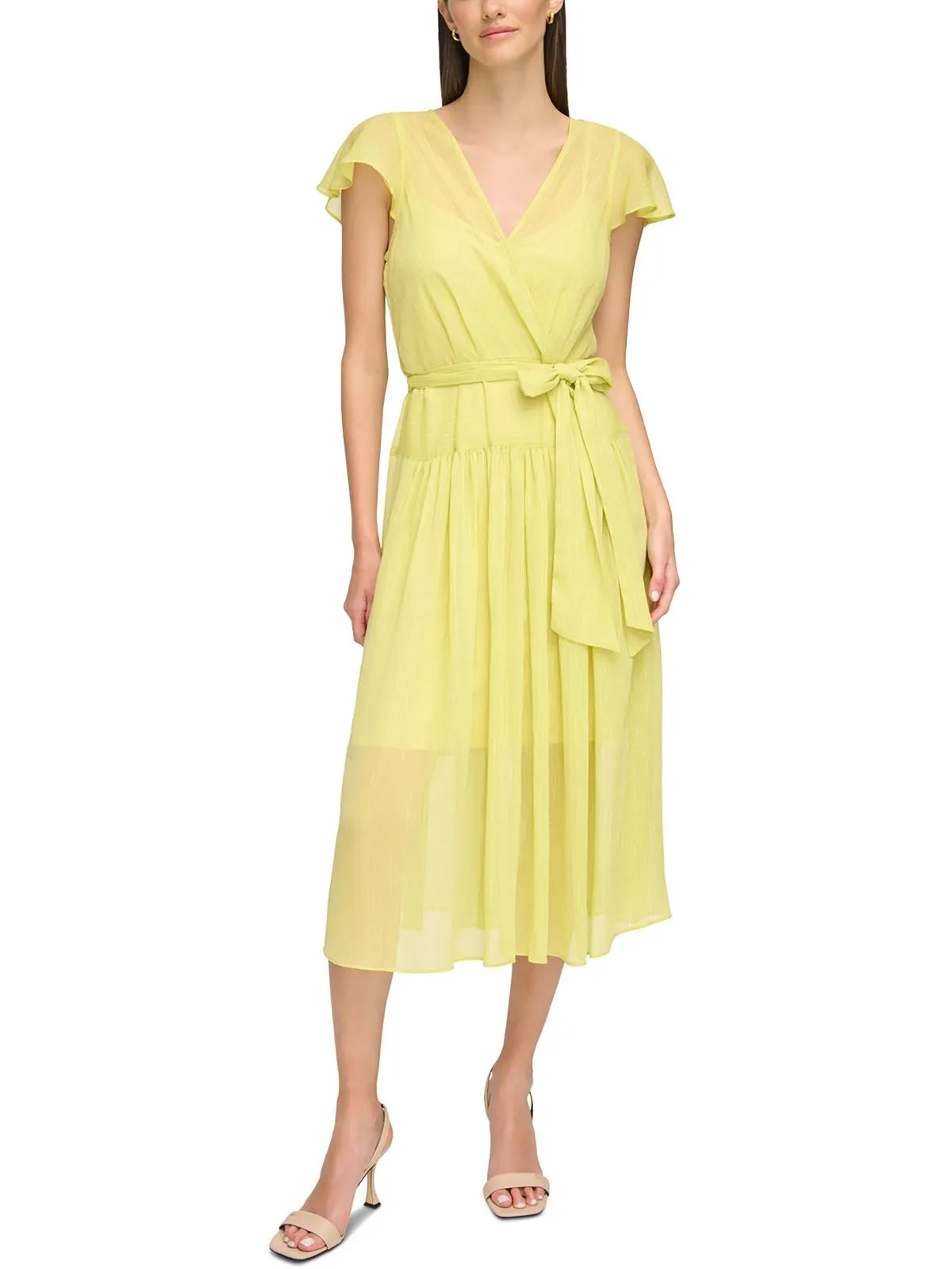 Womens Metallic Chiffon Wrap Dress