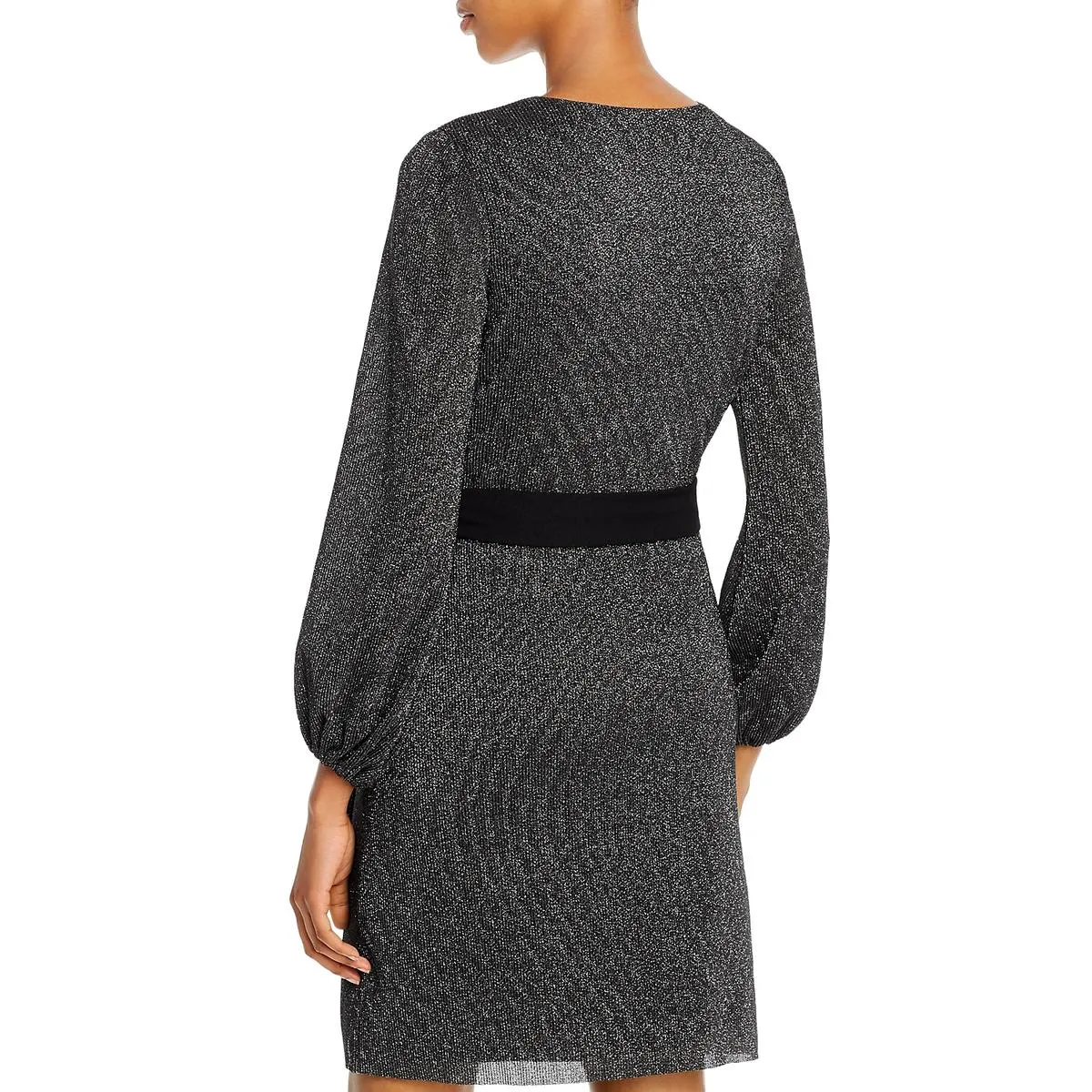Womens Metallic Faux Wrap Cocktail Dress