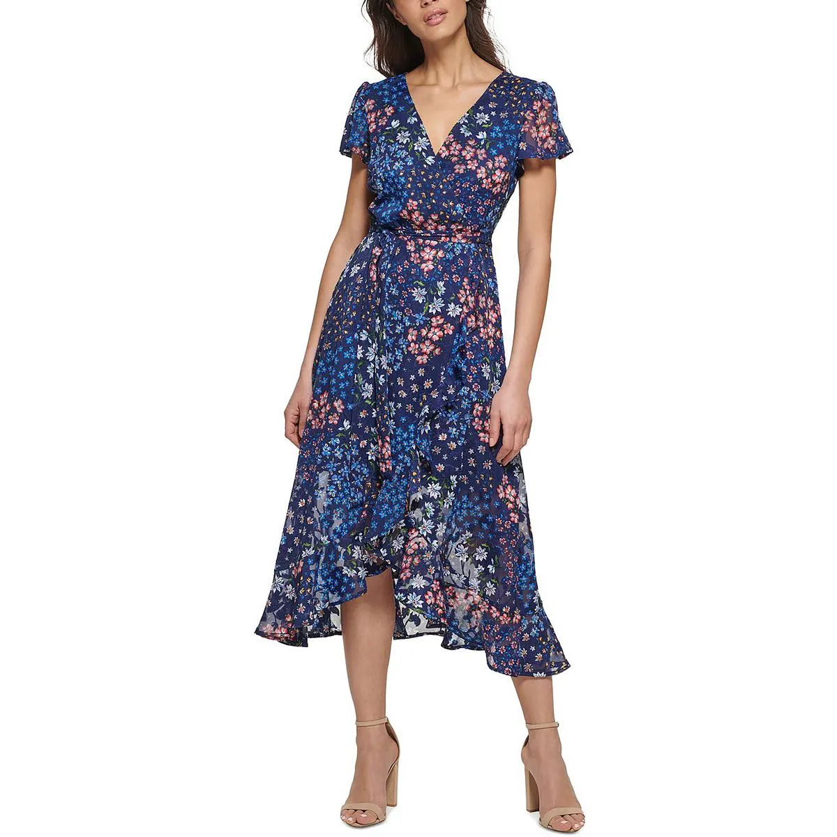 Womens Ruffled Hi-Low Midi Dress