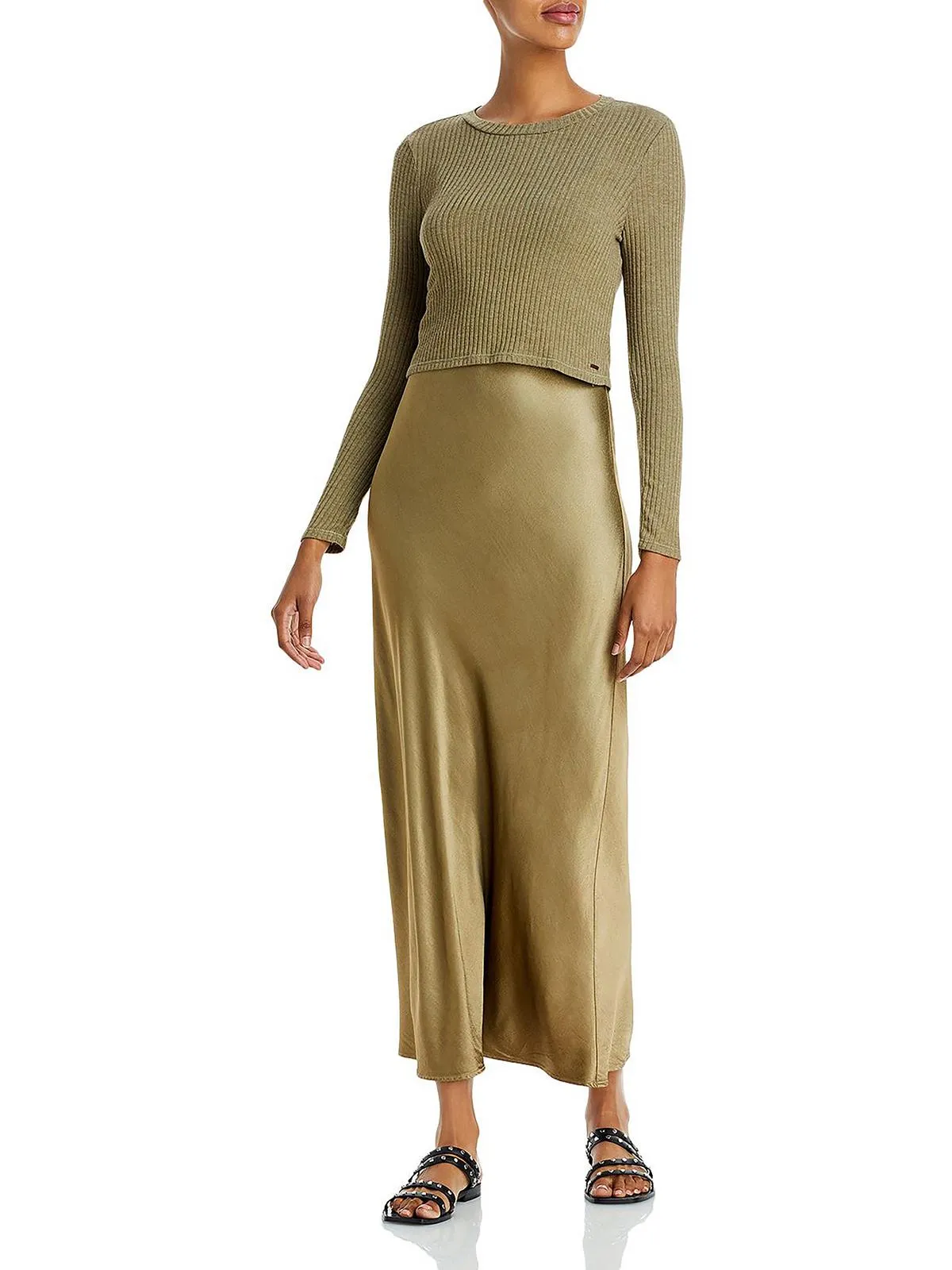 Womens Satin Slip Ribbed Two Piece Dress