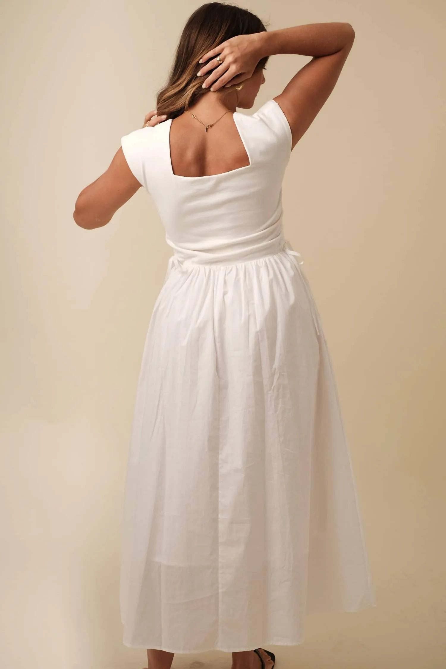 Zella Cap Sleeve Tie Waist Midi Dress In White