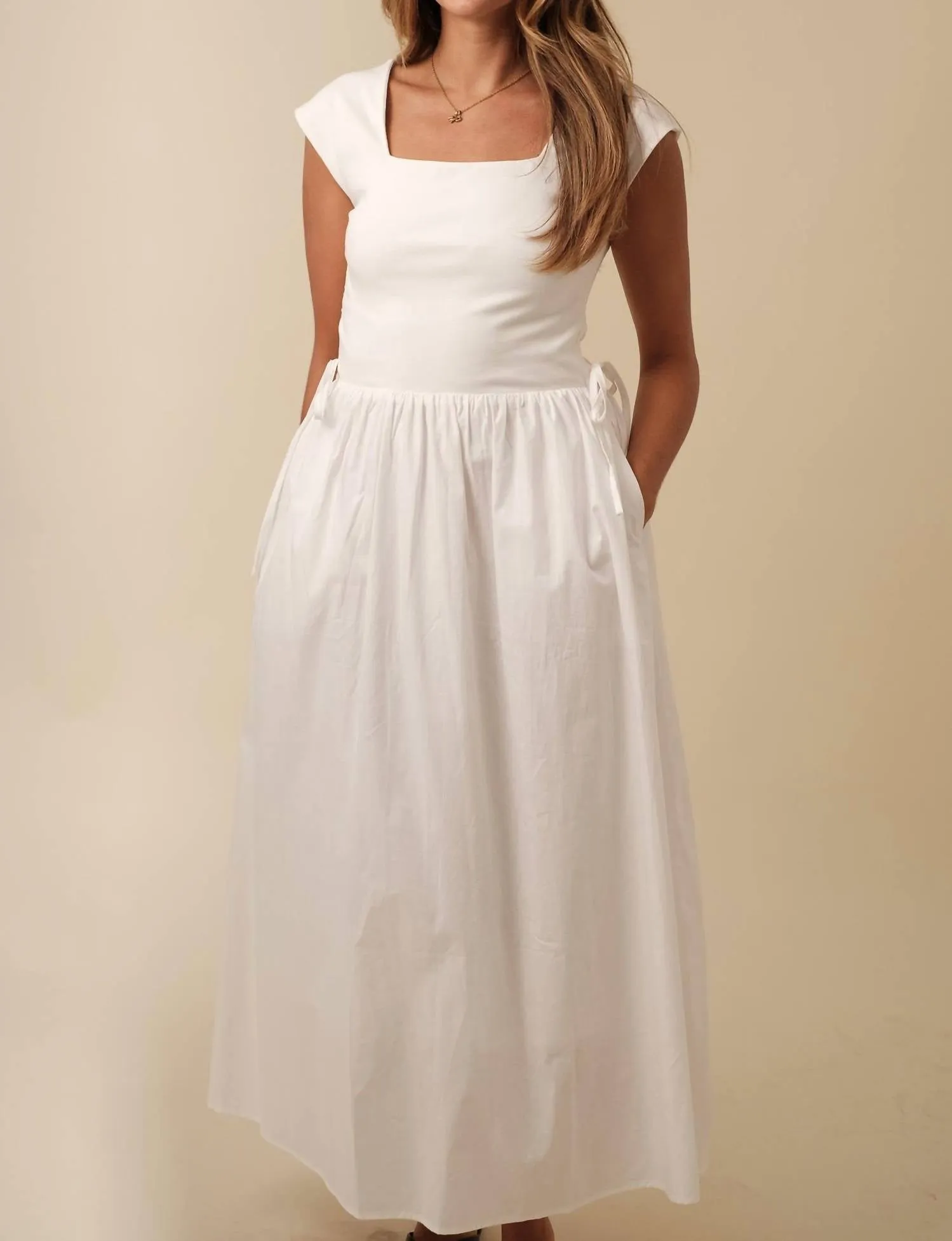 Zella Cap Sleeve Tie Waist Midi Dress In White