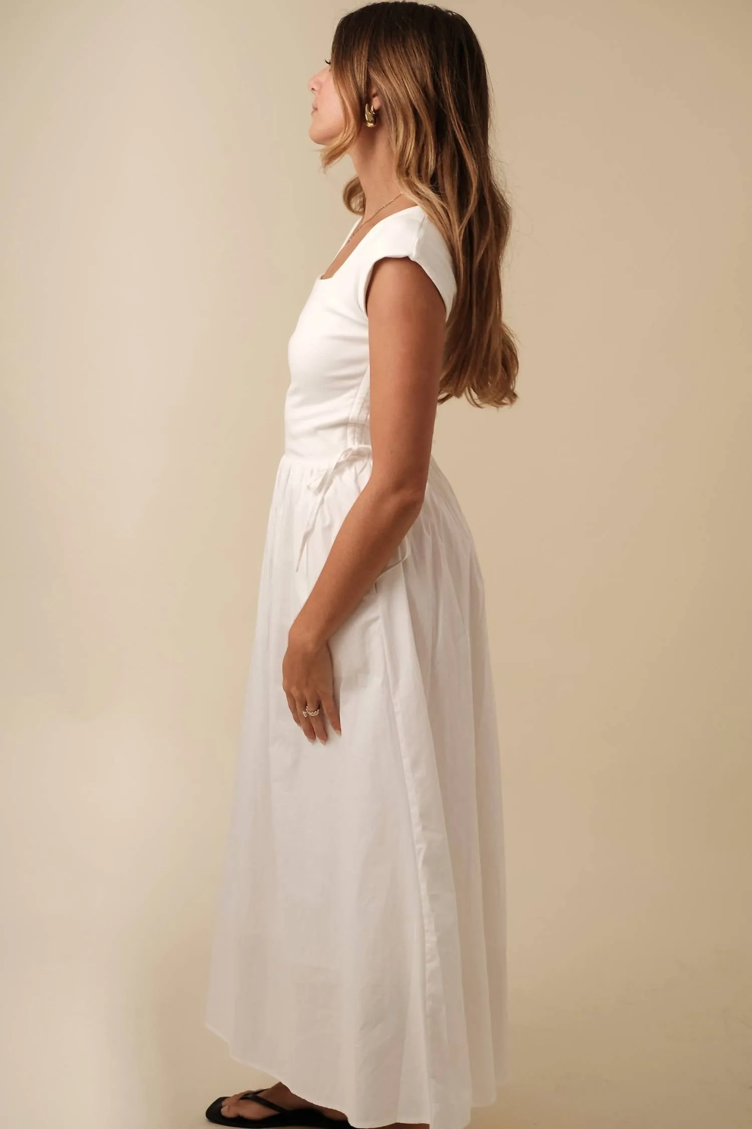 Zella Cap Sleeve Tie Waist Midi Dress In White