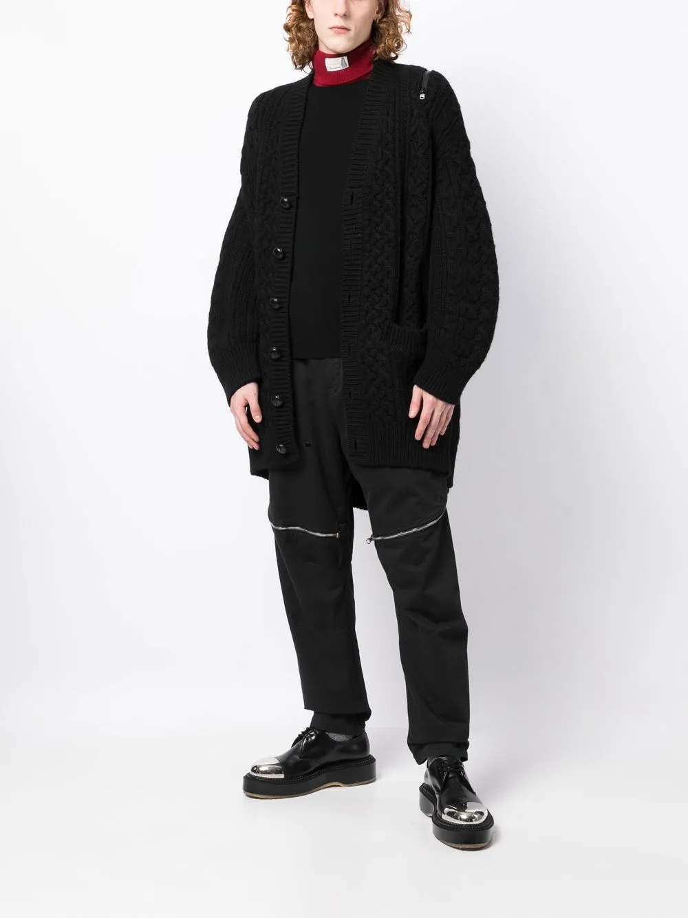 Zip-Detail Aran-Knit Cardigan